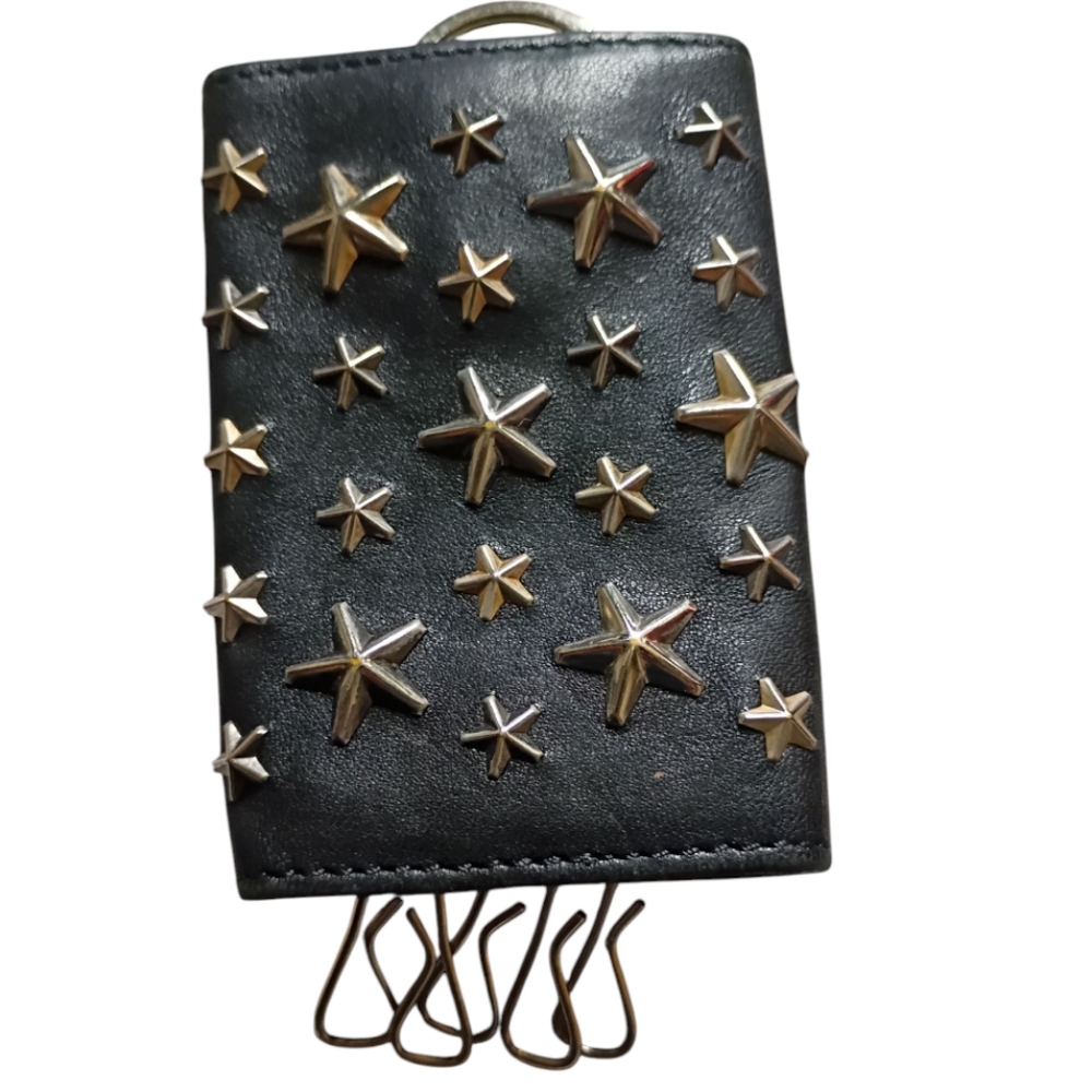 🦄JIMMY CHOO Key Case Leather Black Star-Studded Key Holder